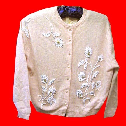 Peach with blooming flowers on stalks in white beading with Gold " pearl " centers beaded sweater