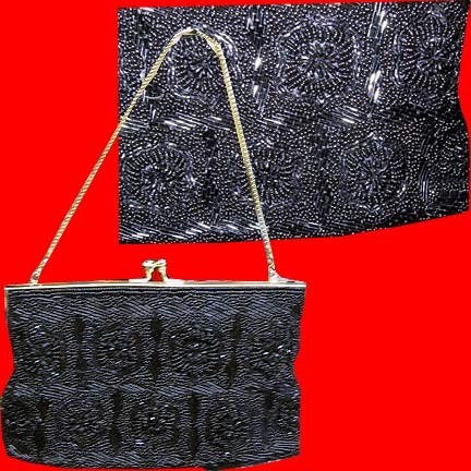 Walberg Hong Kong Black bugle bead flowers in blocks with Gold chain purse