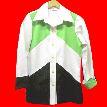 Sir James mod White with wide panels of Green at top and navy Blue at bottom button jacket with matching rolled sleeve ends