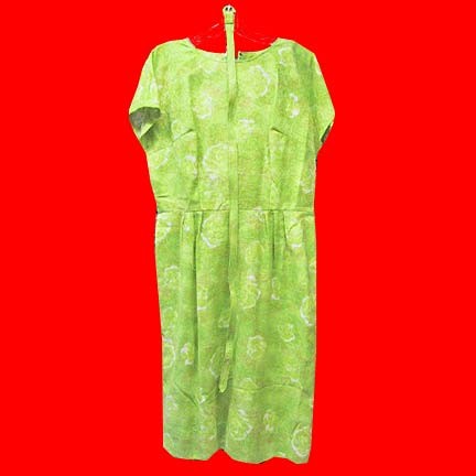 Raised edge mostly Green with White edge flowers occasionally among Green flowers cropped sleeve dress with covered belt